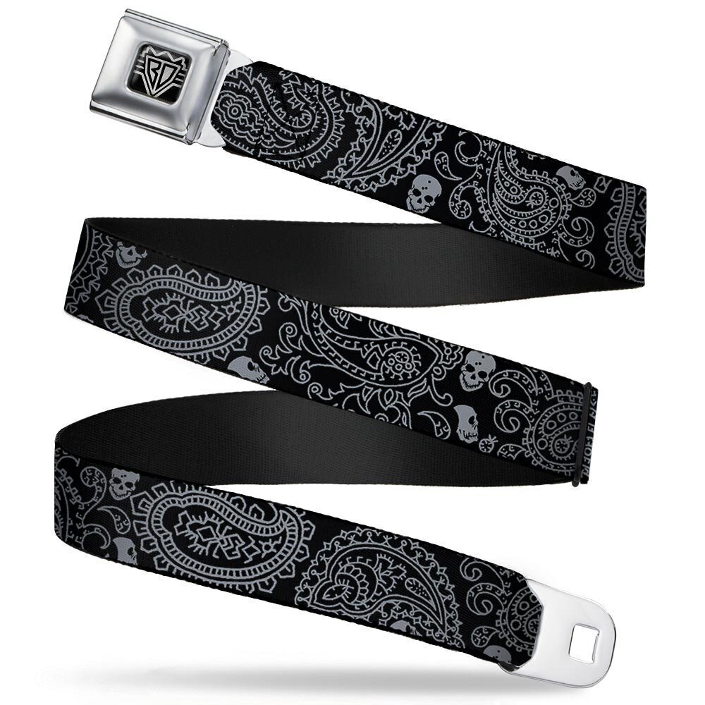 7675 Seatbelt Belt - Bandana/Skulls Black/Silver - 1.5" Wide - 24-38 Inches
